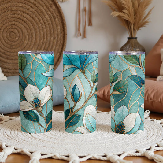 Blue And White Floral Arrangement Golden Lines 20 oz Skinny Tumbler - Walk Greener