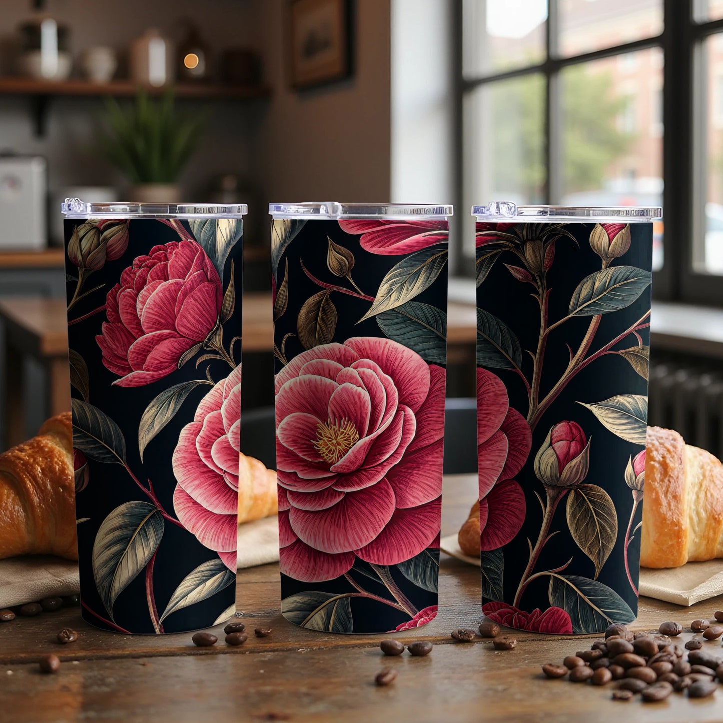 Elegant Black Tumbler with Red Floral Design