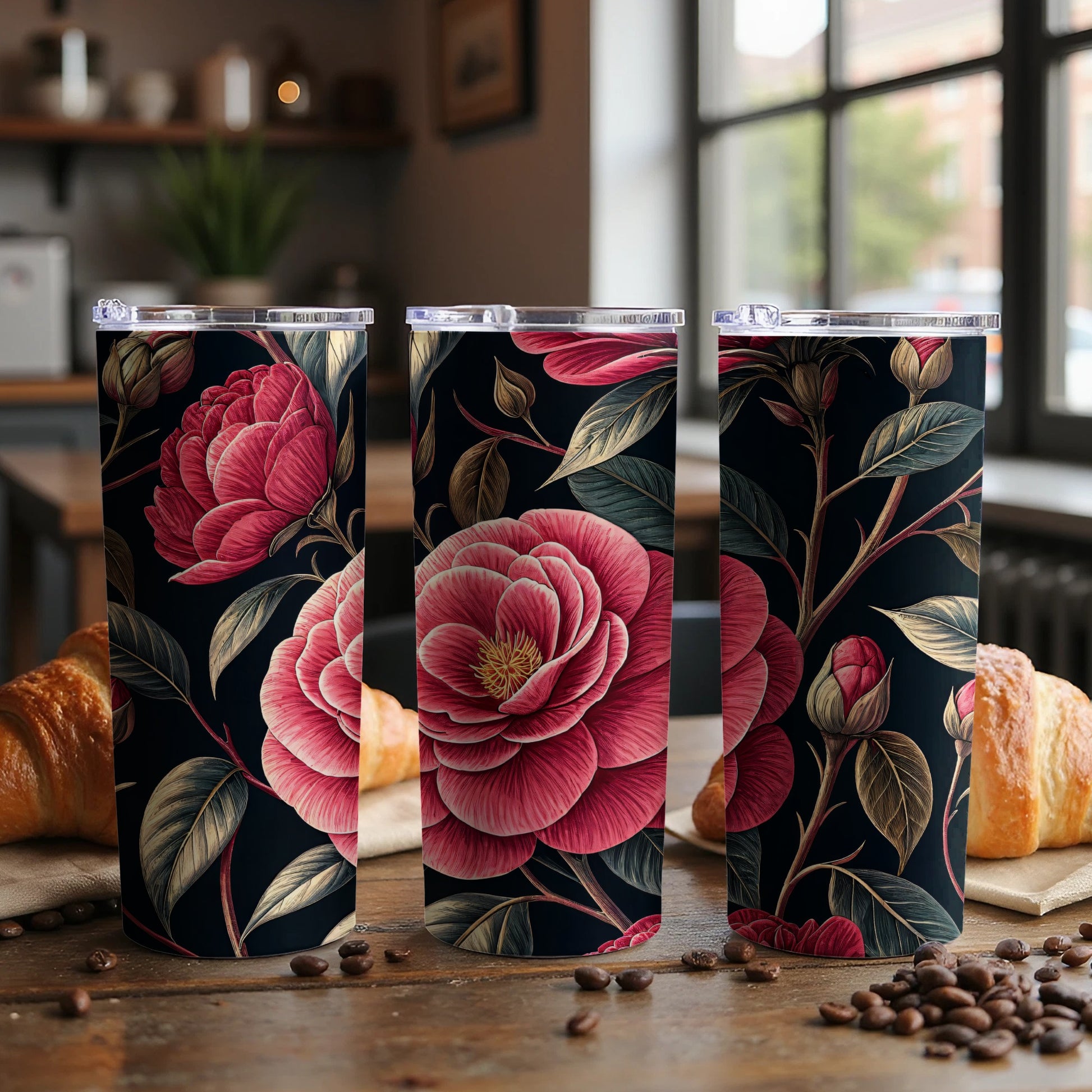 Elegant Black Tumbler with Red Floral Design