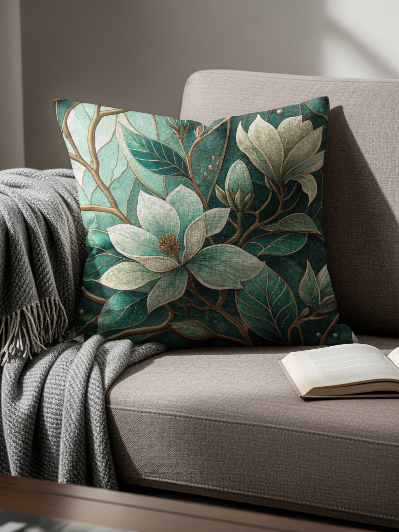 Emerald Magnolia Blossom and Vines Pattern Design Throw Pillows - Walk Greener