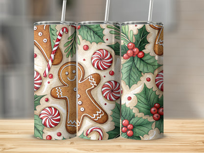 Festive Holly Candy and Gingerbread Design Drink Tumbler