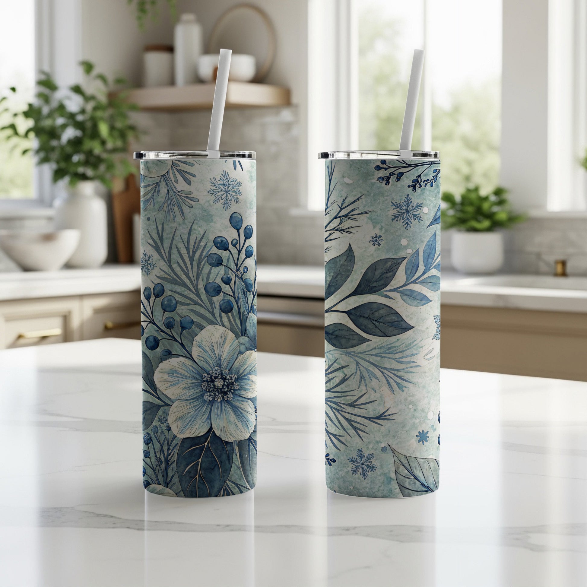 Elegant Blue Floral and Leaf Pattern Tumbler Cup
