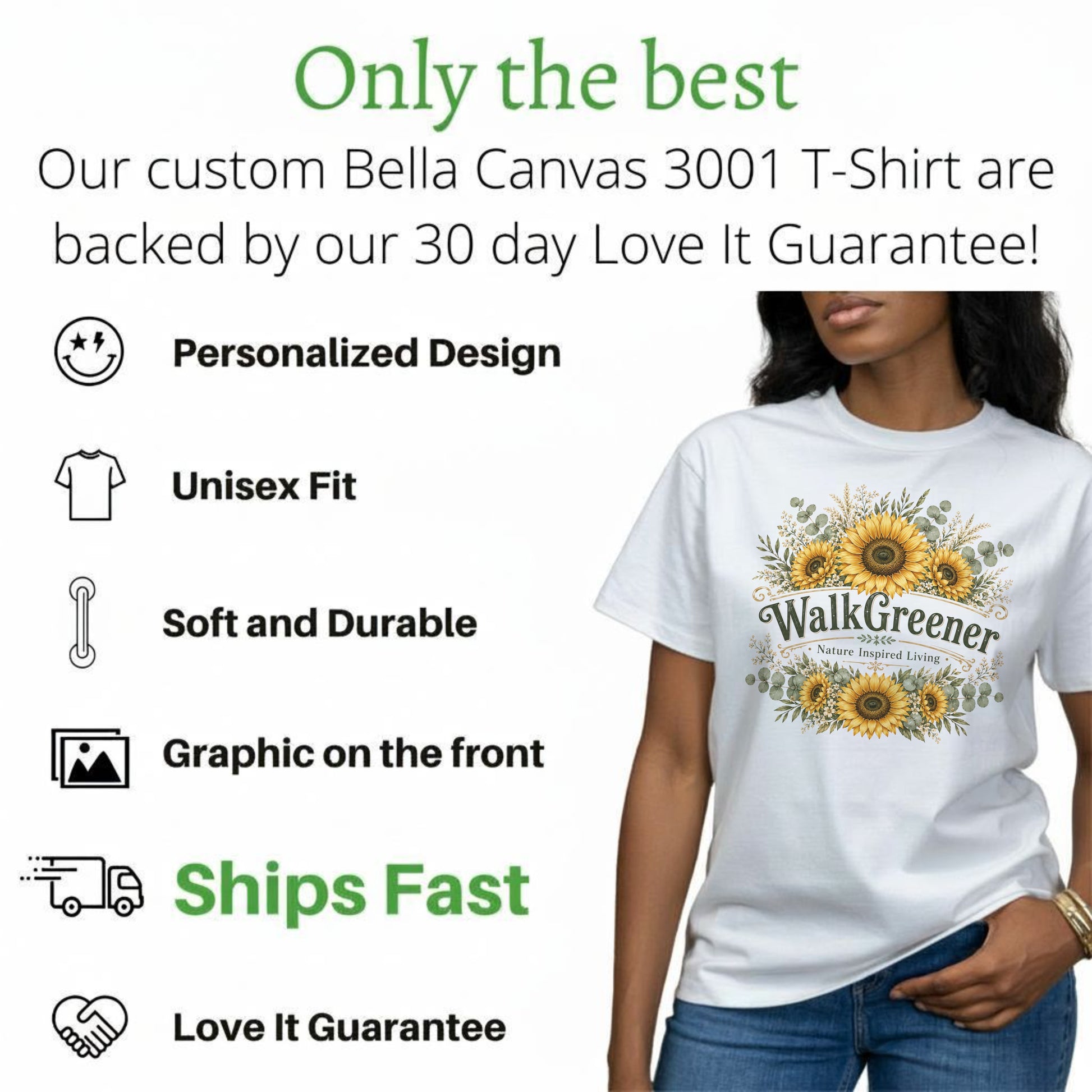 White t-shirt with sunflowers and "Walk Greener" graphic, listing shirt features.
