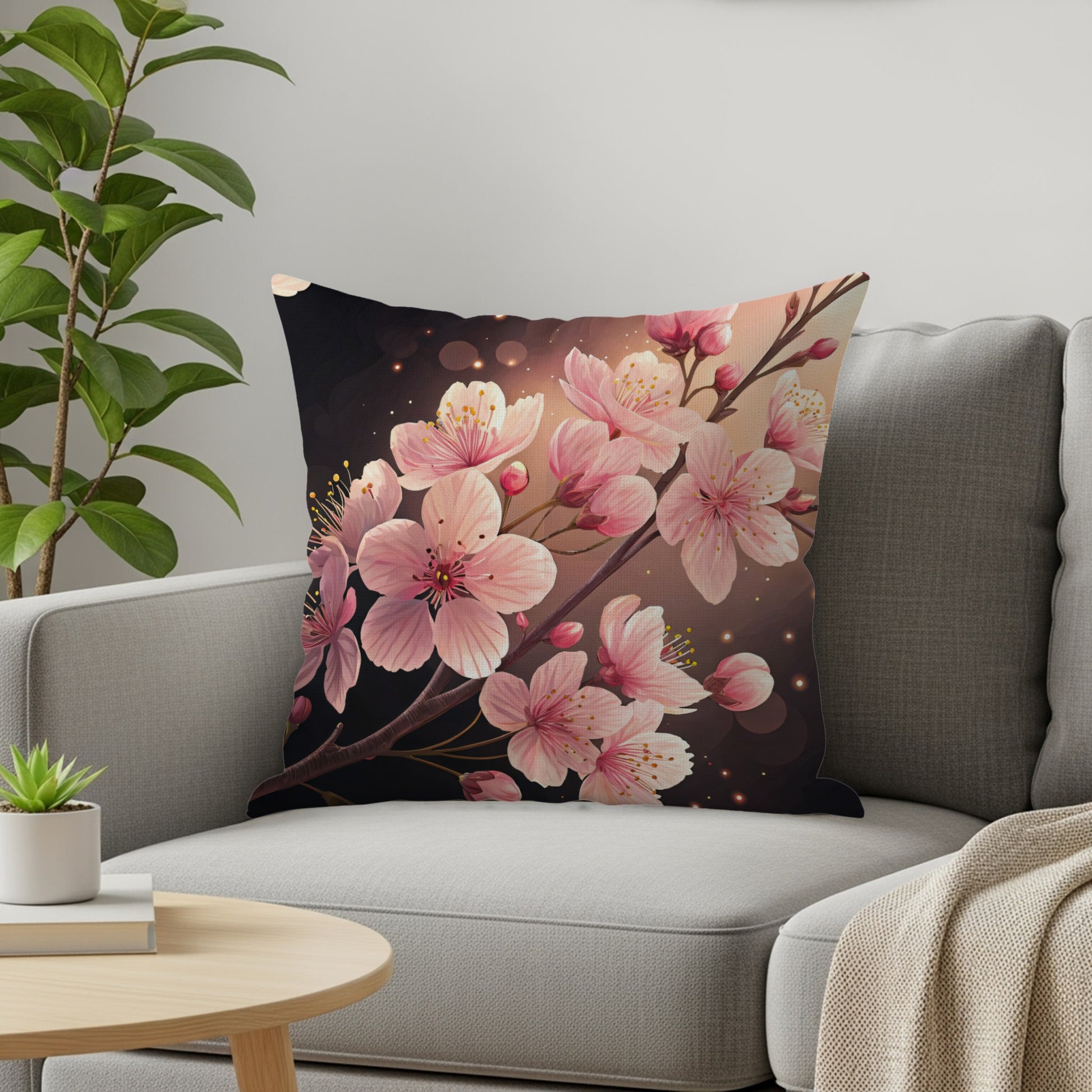 Pink Floral Blossoms Against Dark Backdrop Decorative Floral Throw Pillows - Walk Greener
