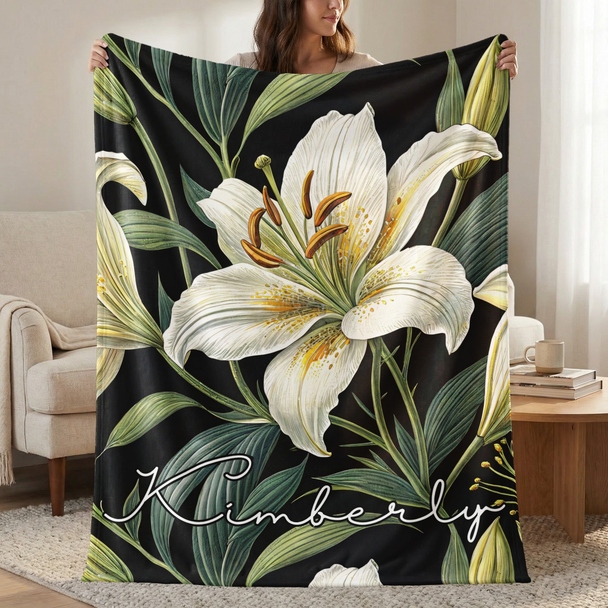 Personalized Floral Print Throw Blanket with Name Kimberly