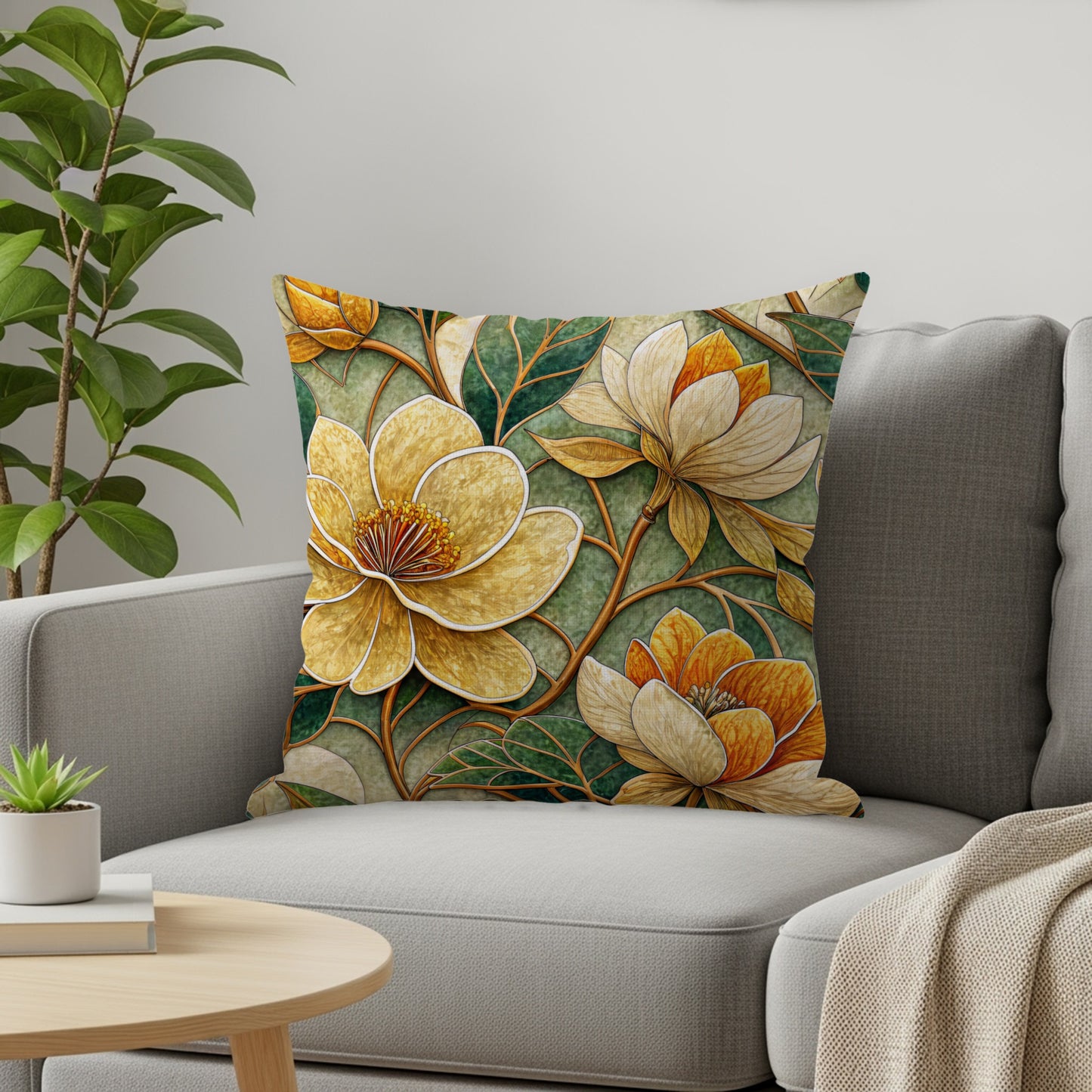 Yellow Orange Floral Pattern Illustration Style Throw Pillows - Walk Greener