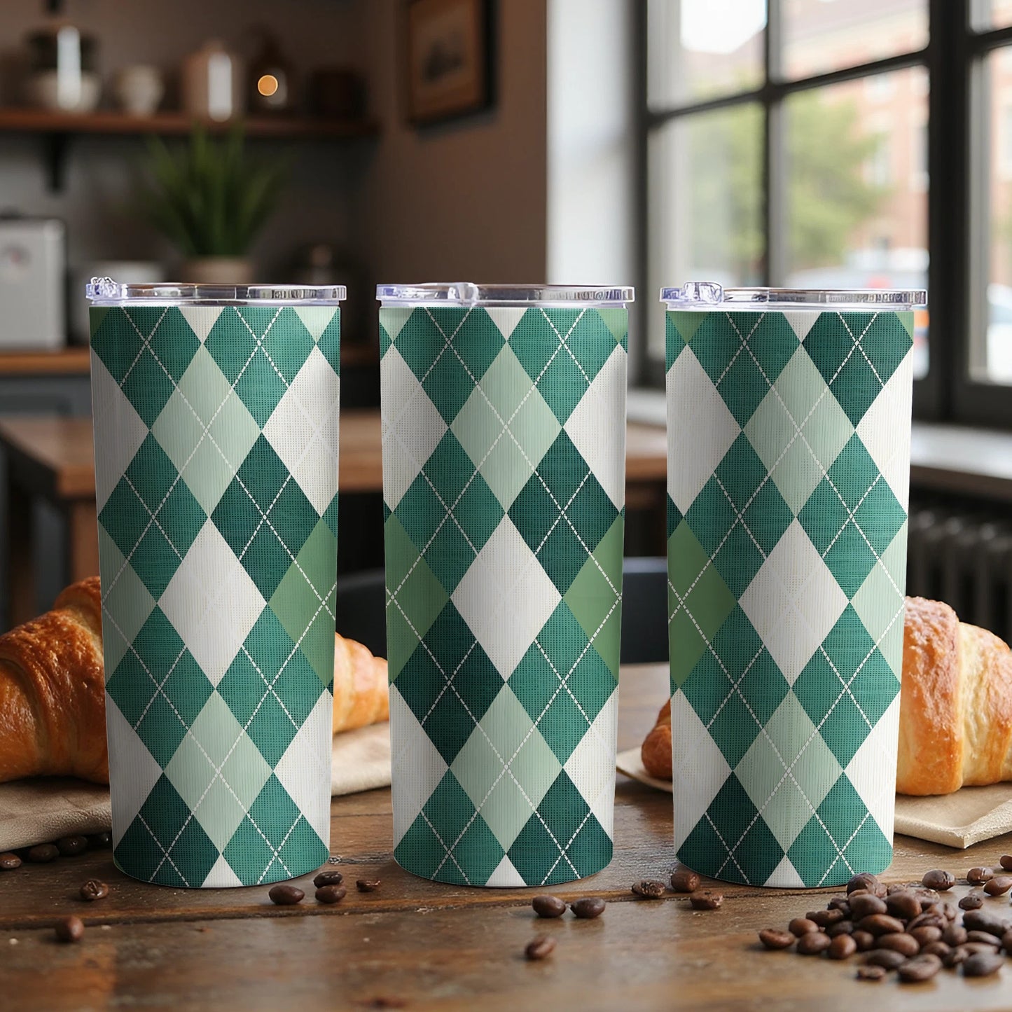 Green and White Argyle Pattern Insulated Tumbler