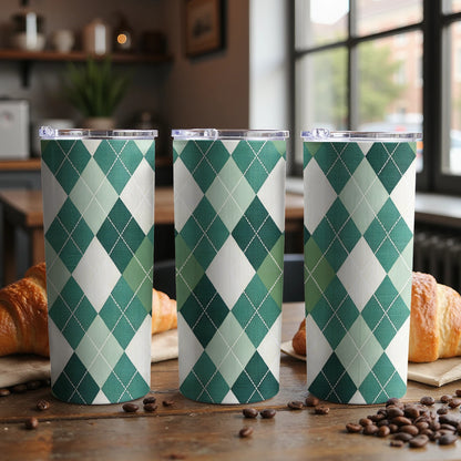 Green and White Argyle Pattern Insulated Tumbler