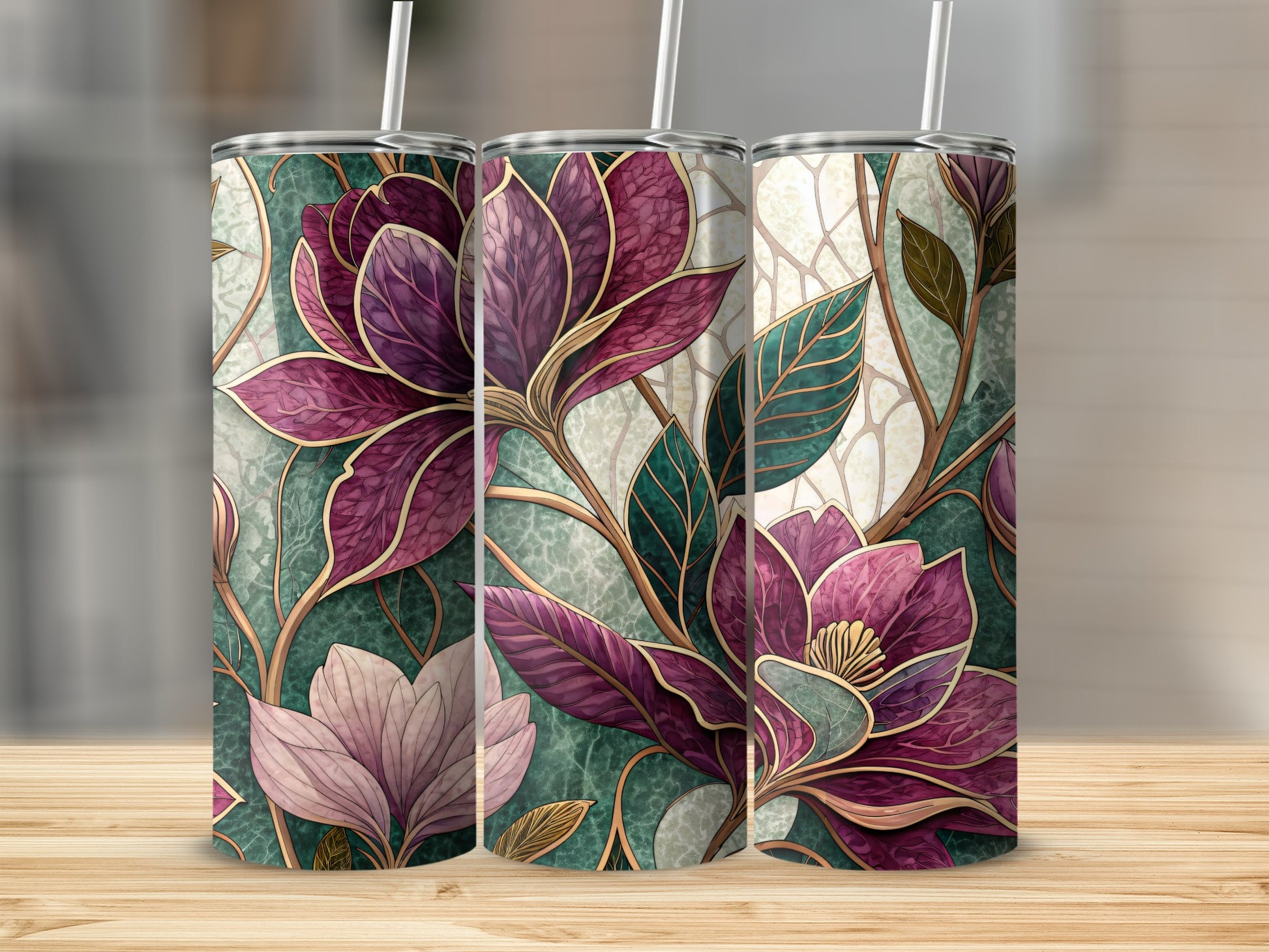 Floral Purple and Pink Detailed Leaves Design 20 oz Skinny Tumbler - Walk Greener