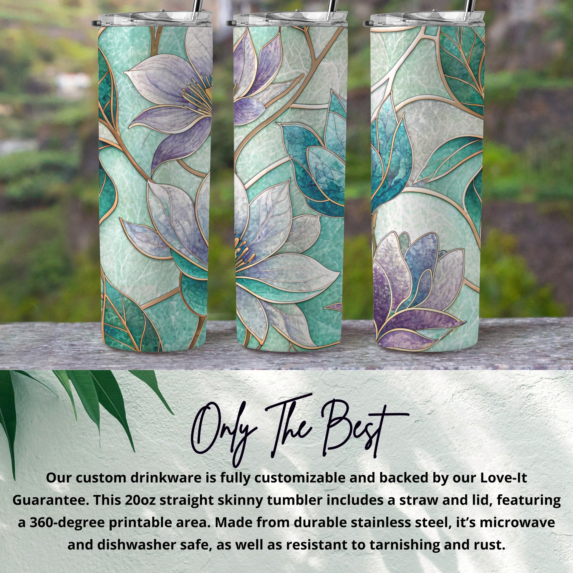 Floral Stained Glass Design Beautiful Flowers Style Art 20 oz Skinny Tumbler - Walk Greener