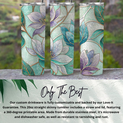 Floral Stained Glass Design Beautiful Flowers Style Art 20 oz Skinny Tumbler - Walk Greener