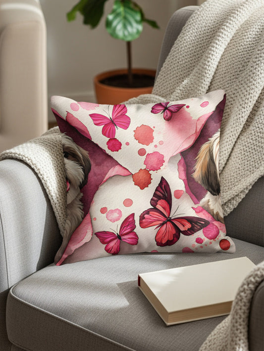 Vibrant Pink Butterfly and Dog Design Decorative Pillow