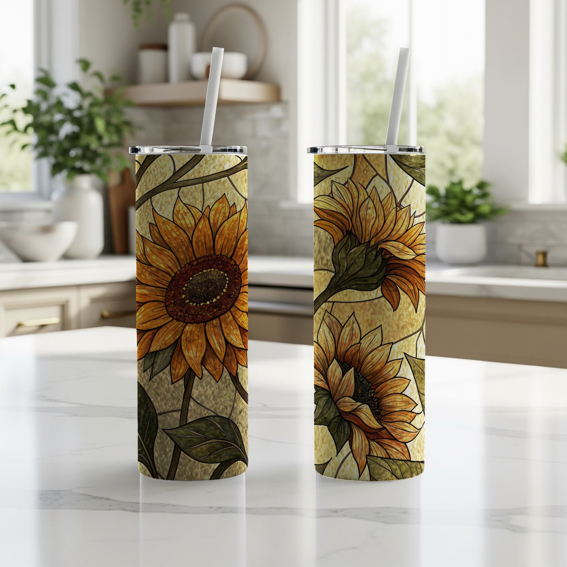 Sunflower Bloom Stained Glass Style Design 20 oz Skinny Tumbler - Walk Greener