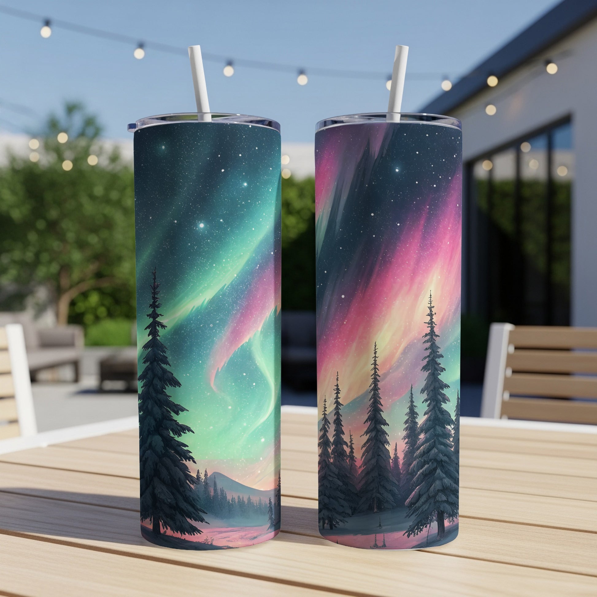 Aurora Borealis Scene with Winter Trees Design Tumbler - Walk Greener