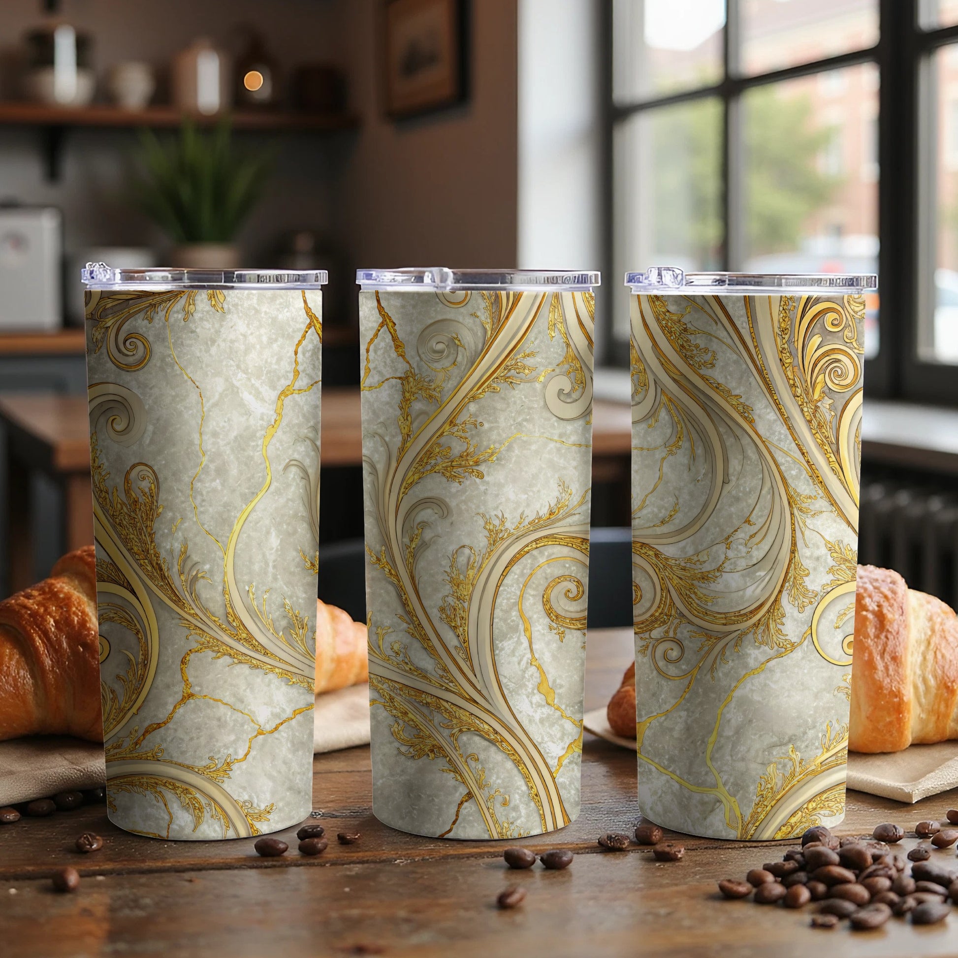 Elegant Gold Swirl Design Travel Tumbler Cup Product