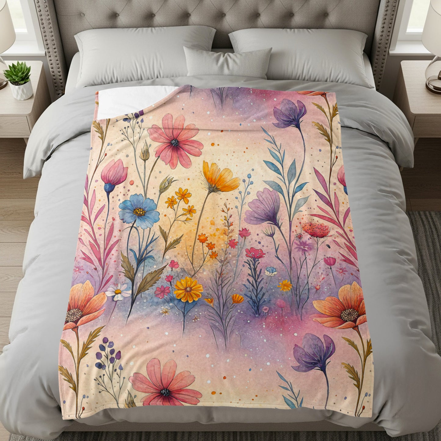 Watercolor Floral Garden Dream Artistic Velveteen Plush Blankets - Walk Greener