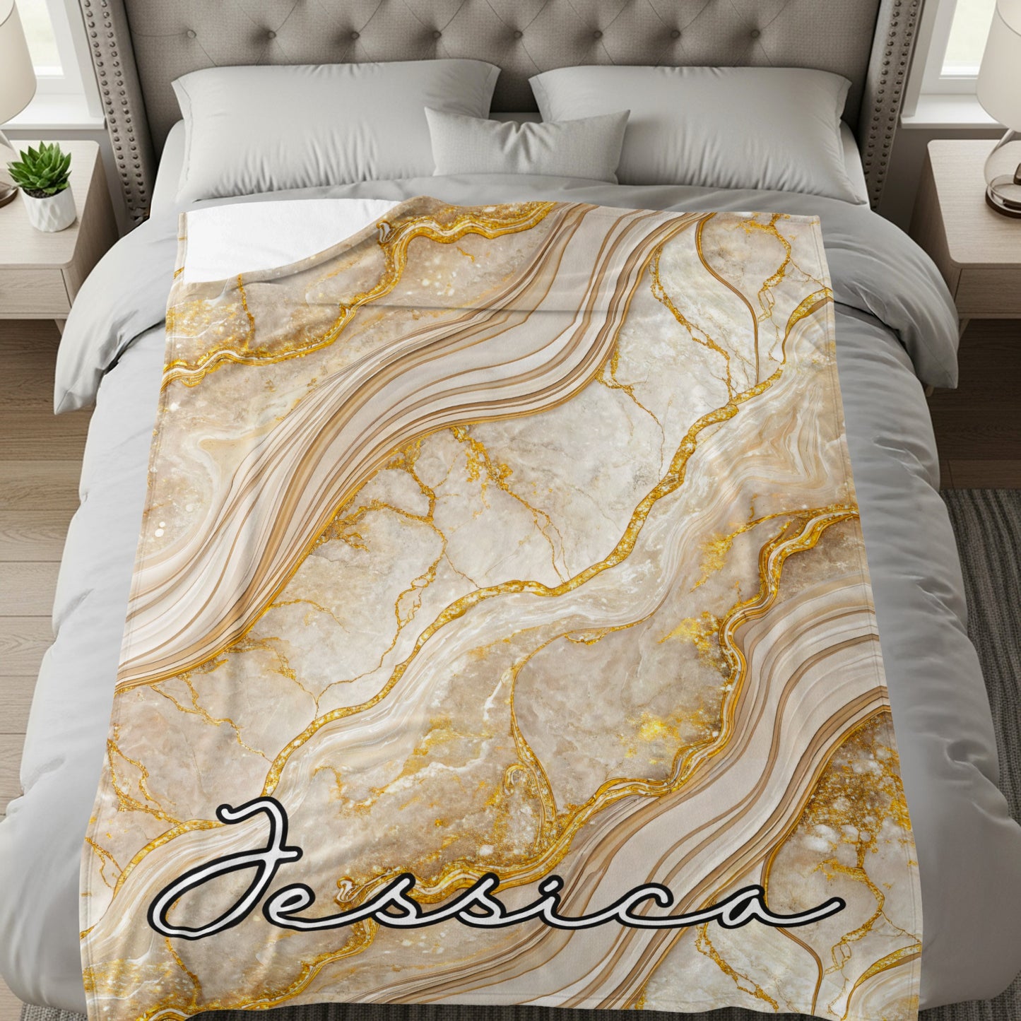 Elegant Gold Veined Marble Background Custom Name Blanket - Walk Greener