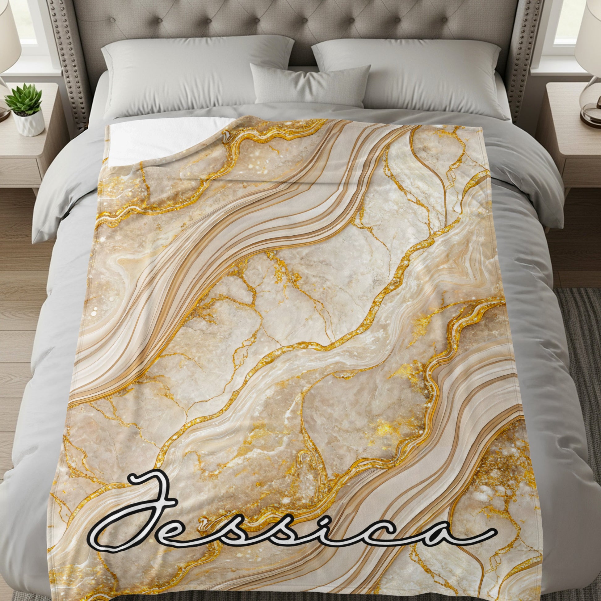 Elegant Gold Veined Marble Background Custom Name Blanket - Walk Greener