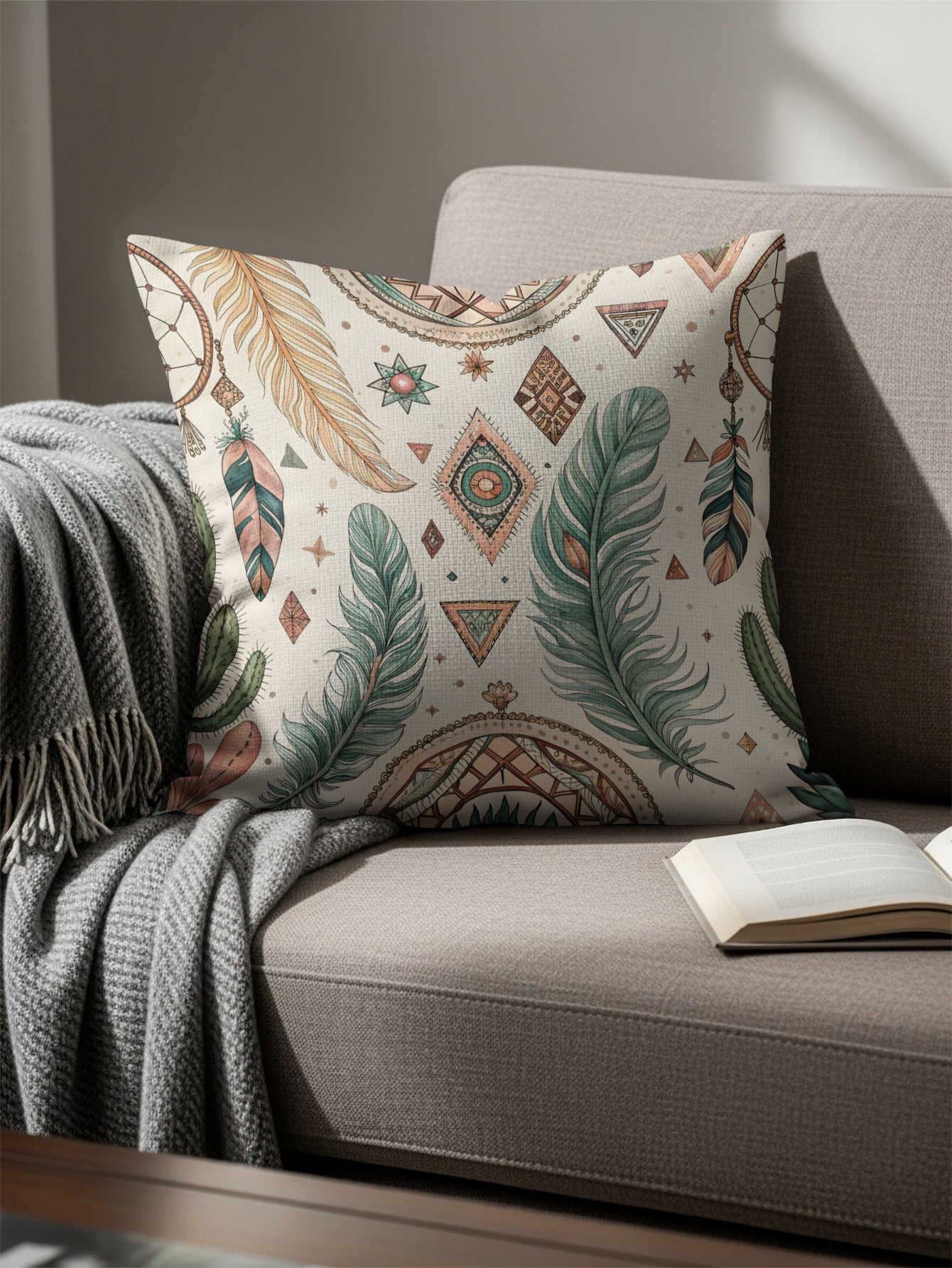 Bohemian Feather Dream Motivational Throw Pillow
