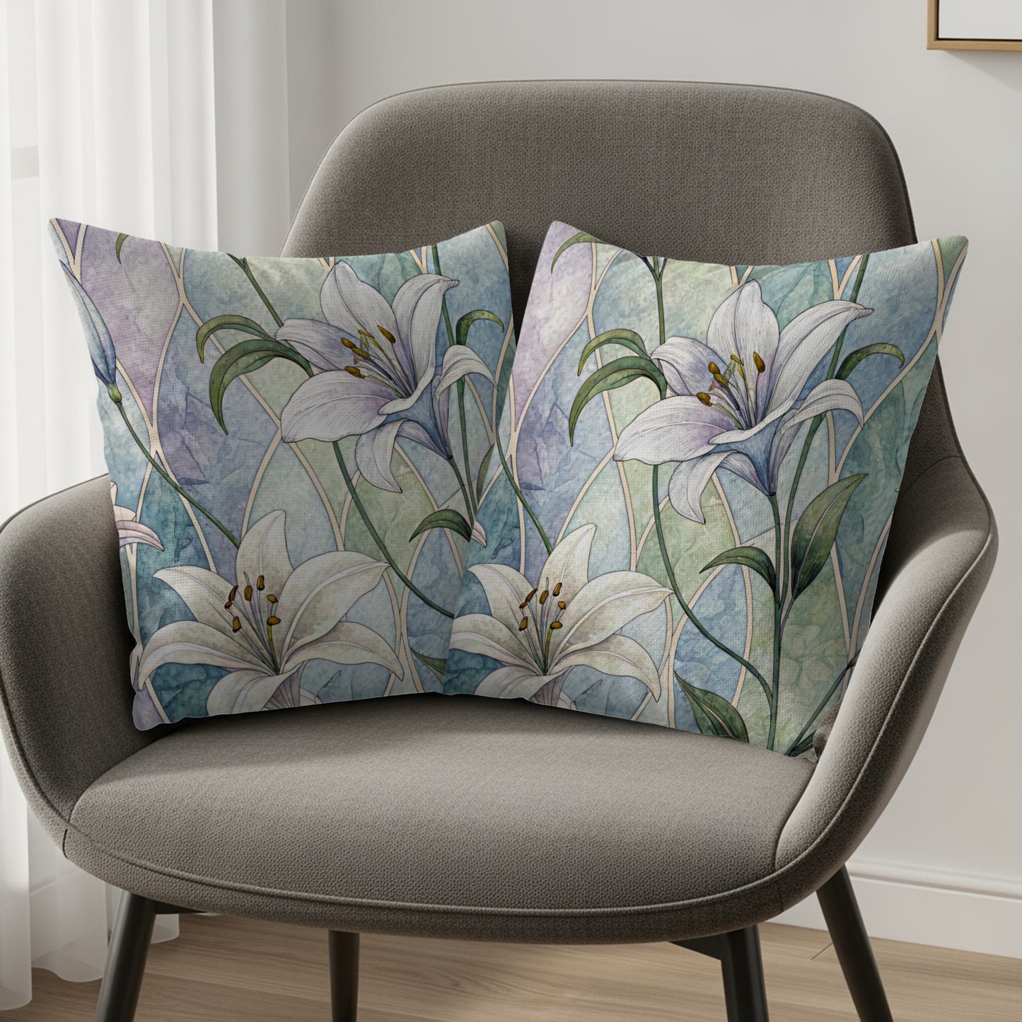 Pastel Lily Pattern Against Blue Green Arches Throw Pillows - Walk Greener