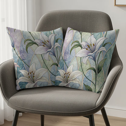 Pastel Lily Pattern Against Blue Green Arches Throw Pillows - Walk Greener