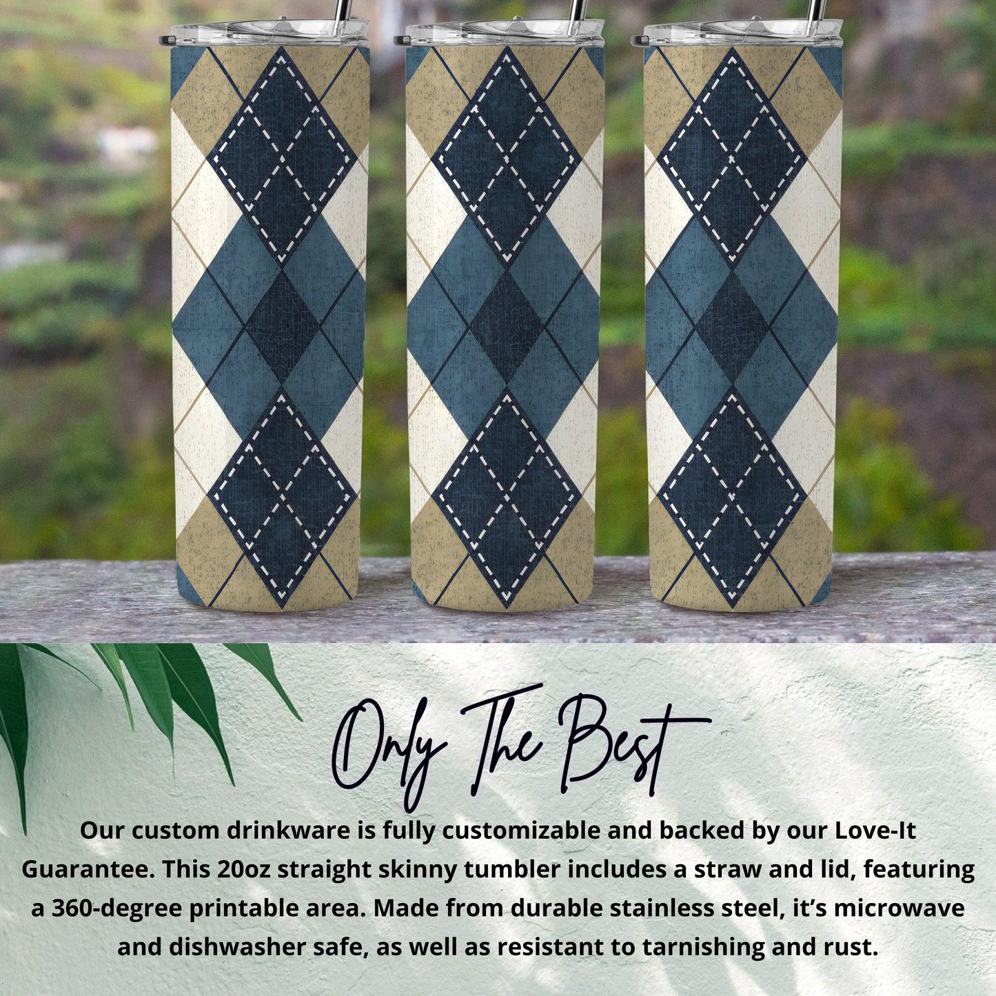 Blue Beige and White Argyle Plaid Patterned Design Tumbler - Walk Greener
