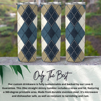 Blue Beige and White Argyle Plaid Patterned Design Tumbler - Walk Greener