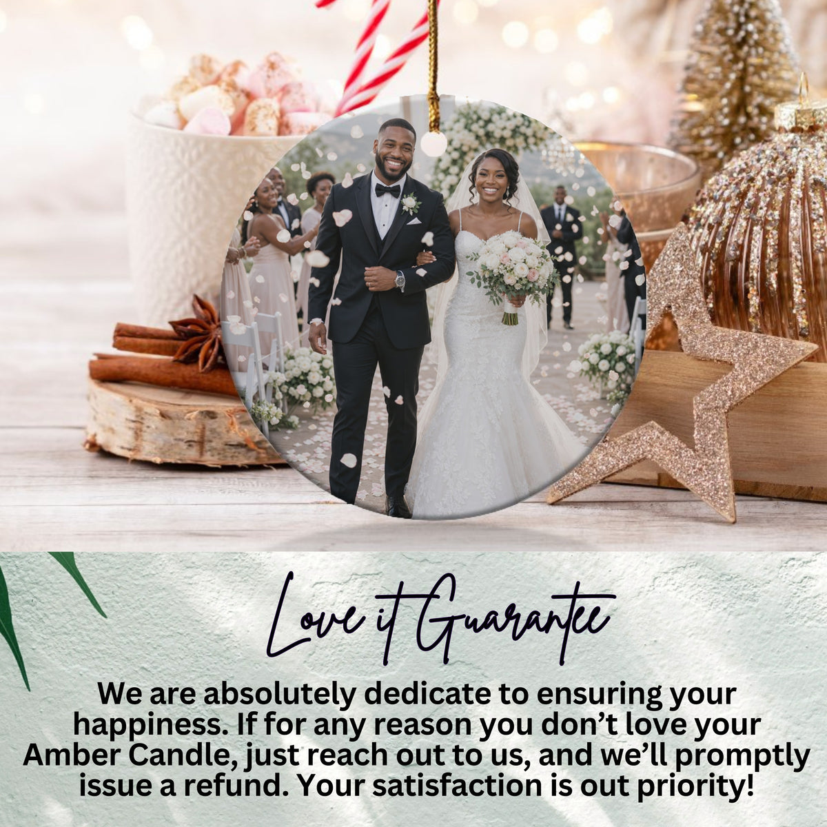 Wedding couple walking down aisle on circular ornament with festive holiday decor.