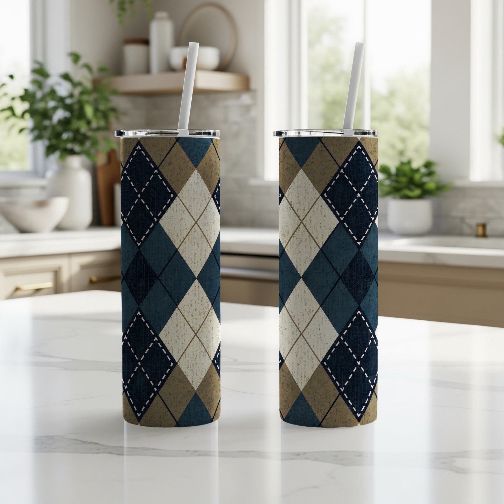 Blue Beige and White Argyle Plaid Patterned Design Tumbler - Walk Greener