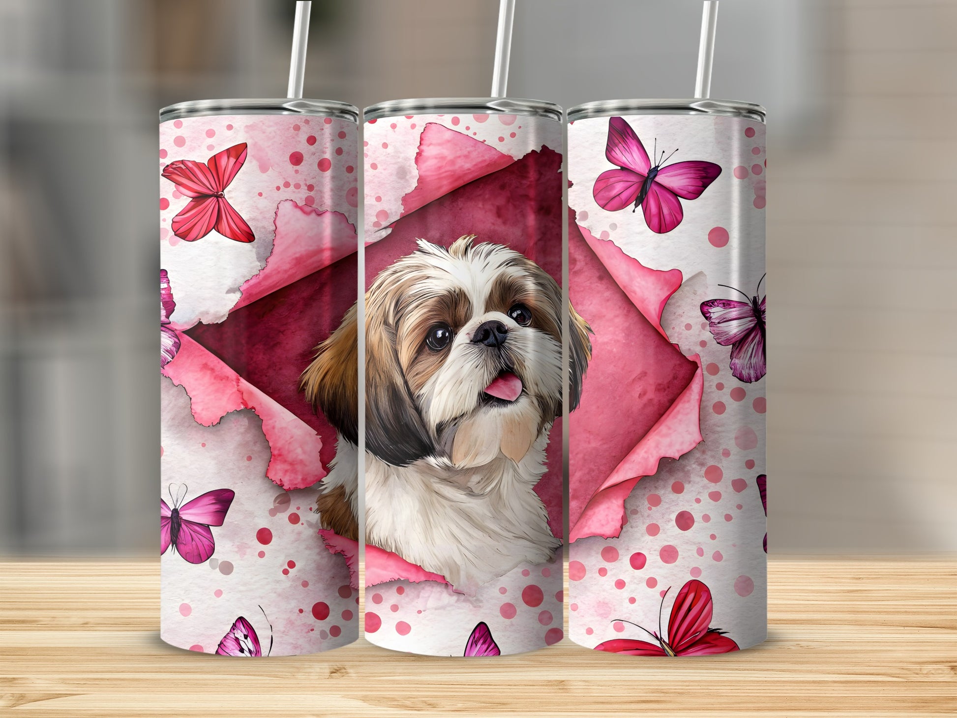 Adorable Dog and Pink Butterflies Tumbler Design
