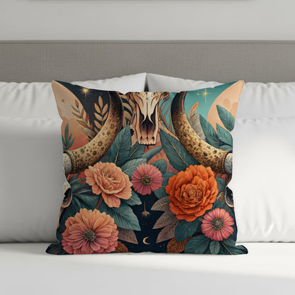 Vibrant Floral Skull and Horn Design Throw Pillow