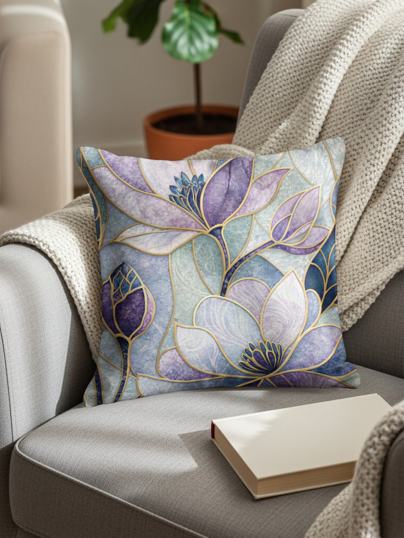 Blue Purple Floral Stained Glass Style Pattern Throw Pillows - Walk Greener