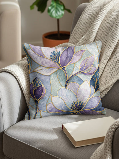Blue Purple Floral Stained Glass Style Pattern Throw Pillows - Walk Greener