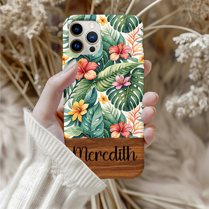 Tropical Floral and Wood Personalized Phone Case