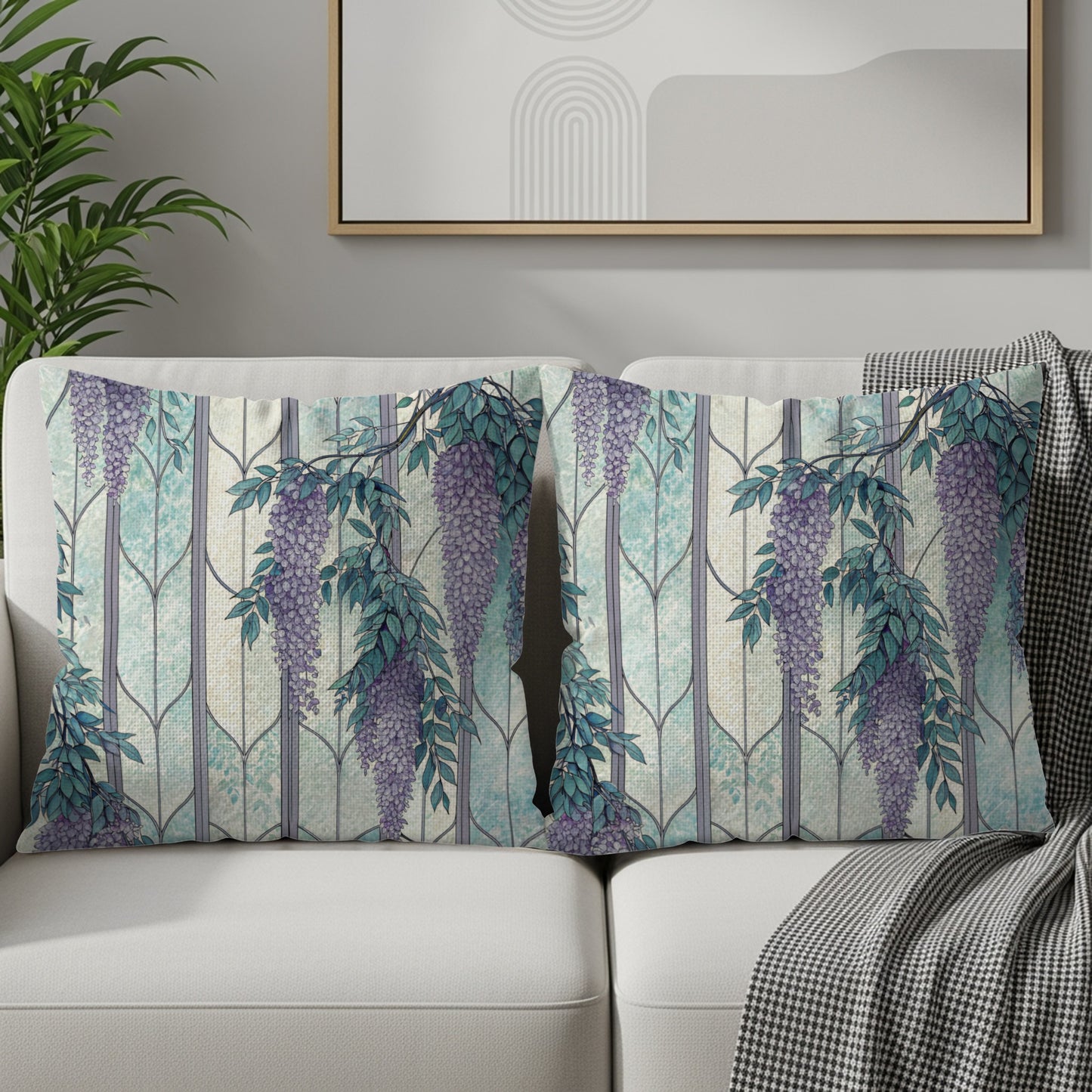 Wisteria Flowers Over Stained Glass Panels Pattern Throw Pillows - Walk Greener