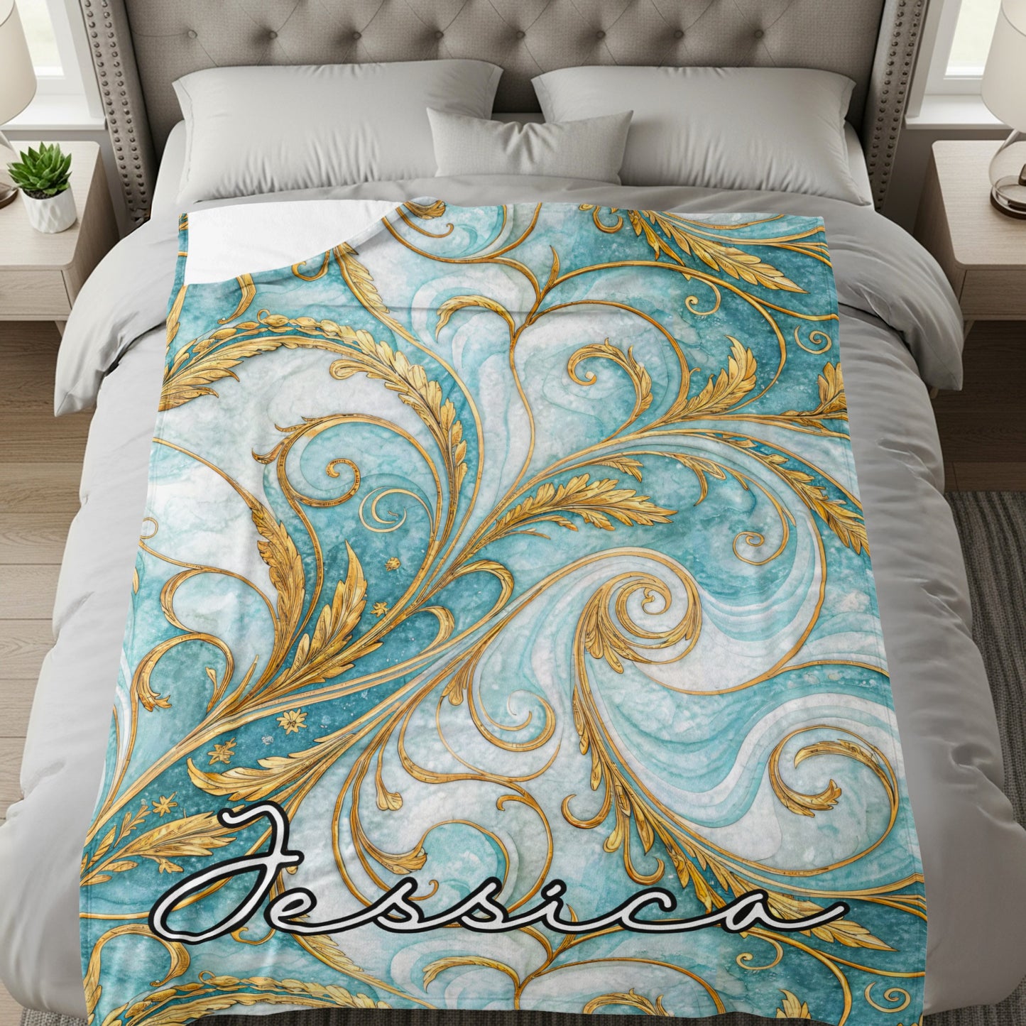 Elegant Turquoise and Gold Swirls Personalized Blanket