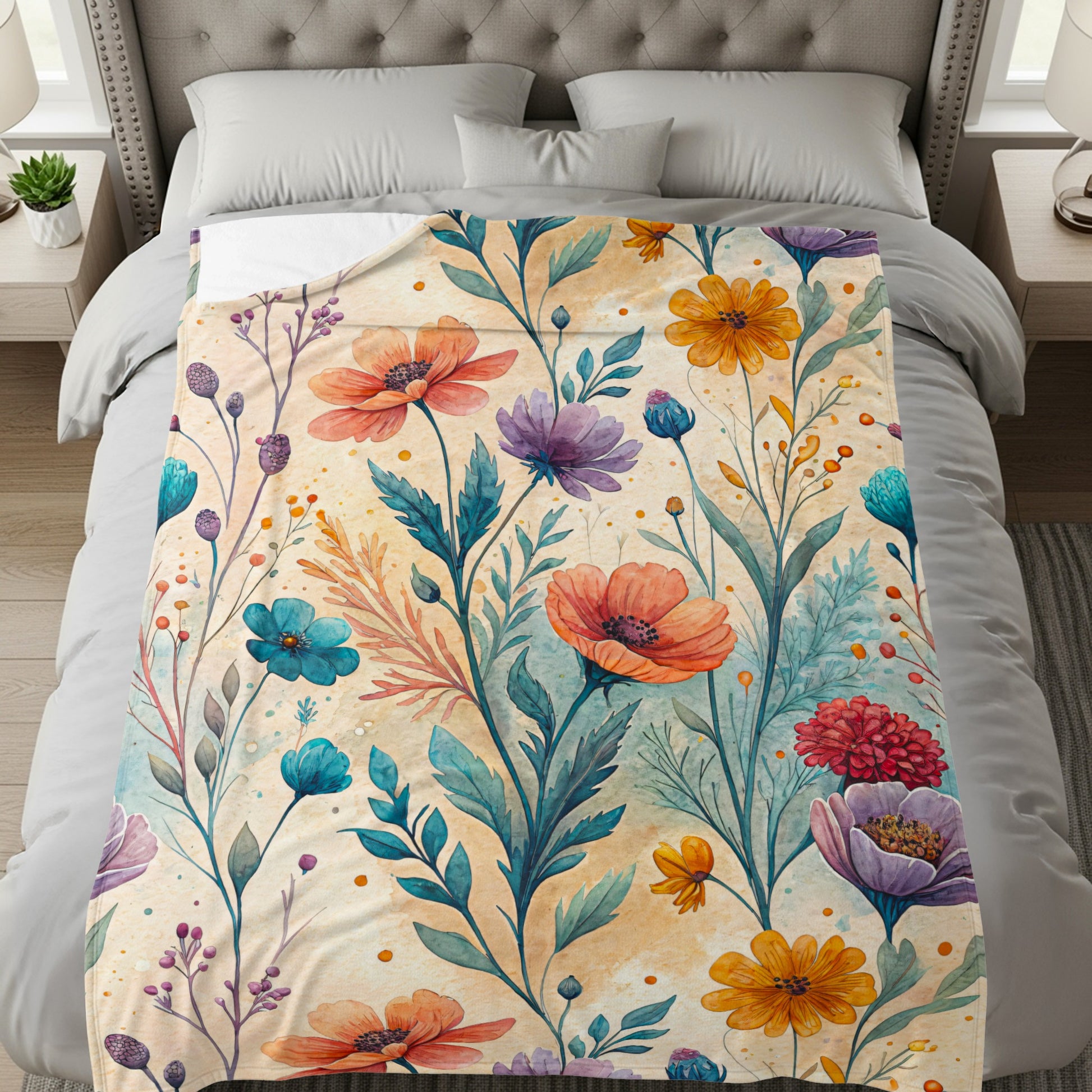 Watercolor Garden Floral Design on Velveteen Plush Blankets - Walk Greener