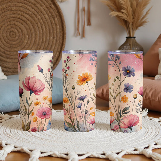 Watercolor Flowers and Buds on Light Peach Backdrop 20 oz Skinny Tumbler - Walk Greener