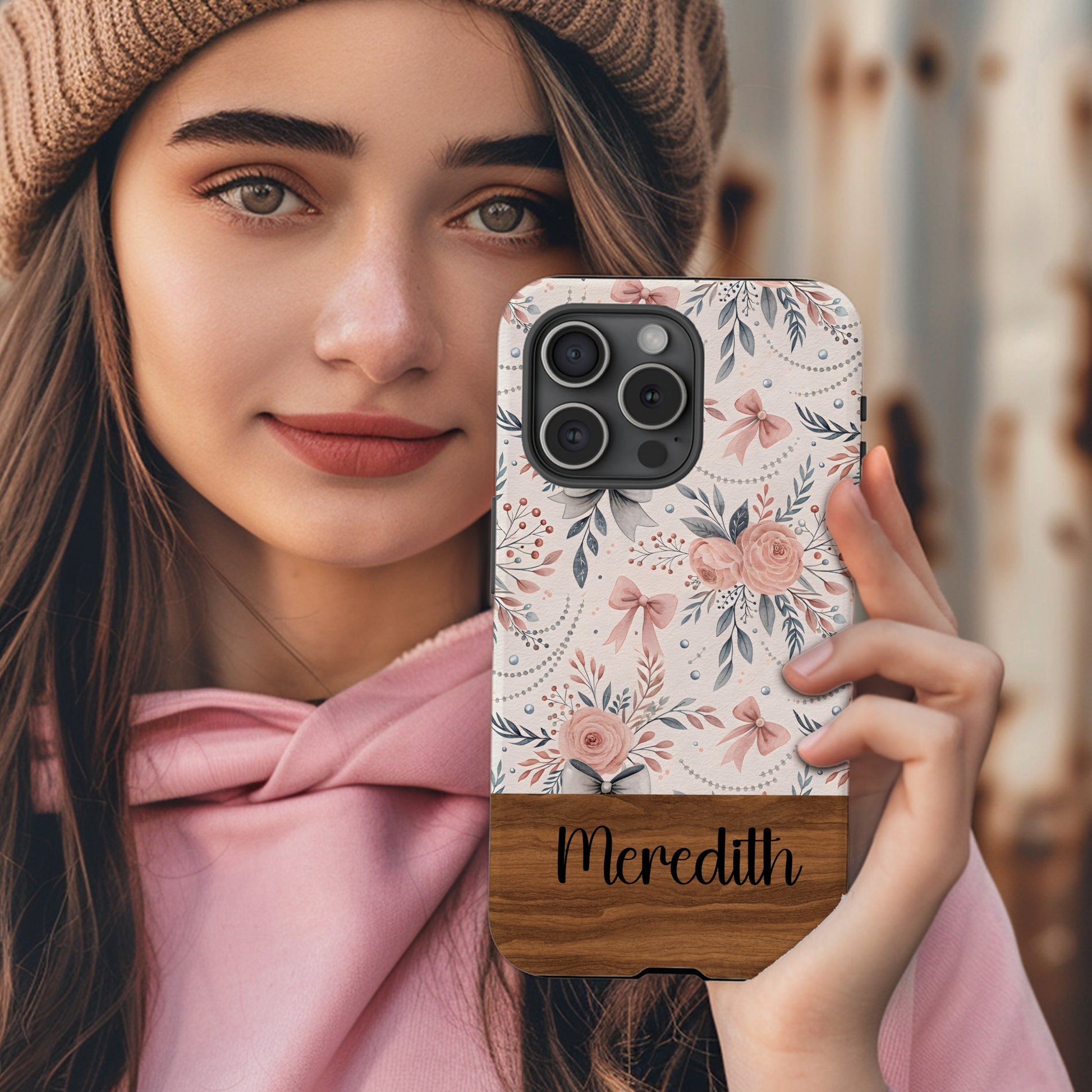Customized Floral and Wooden Design Phone Case with Name