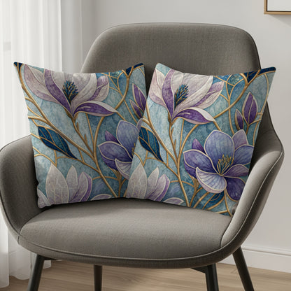 Elegant Floral Mosaic Blue and Purple Flowers Throw Pillows - Walk Greener