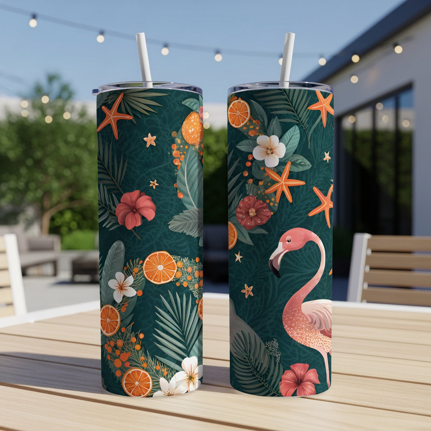 Tropical Flamingo and Starfish Patterned Tumbler