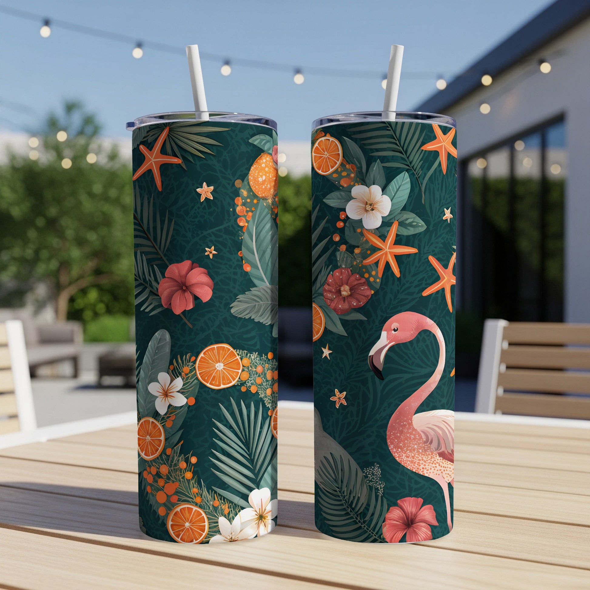 Tropical Flamingo and Starfish Patterned Tumbler
