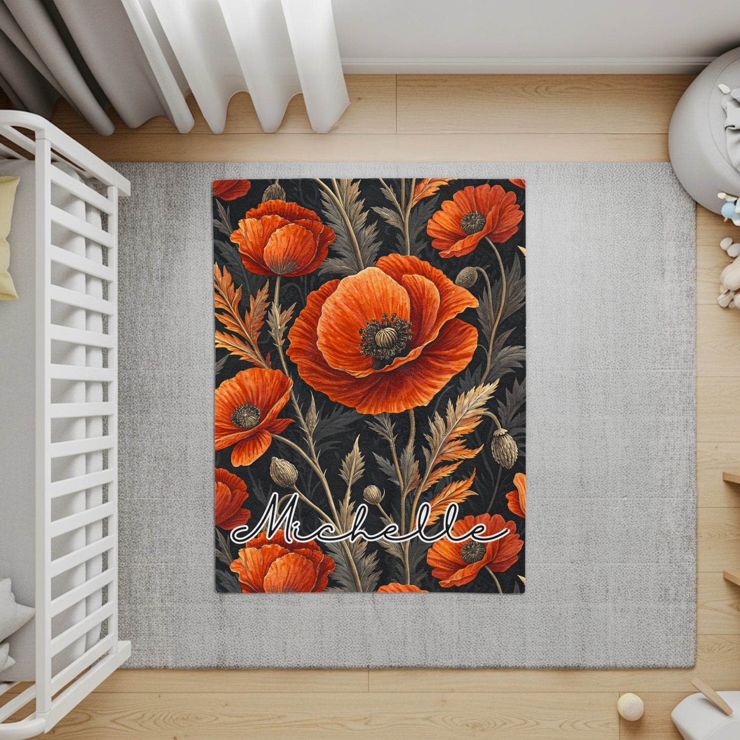 Custom Name Floral Orange Poppy Patterned Floor Rug