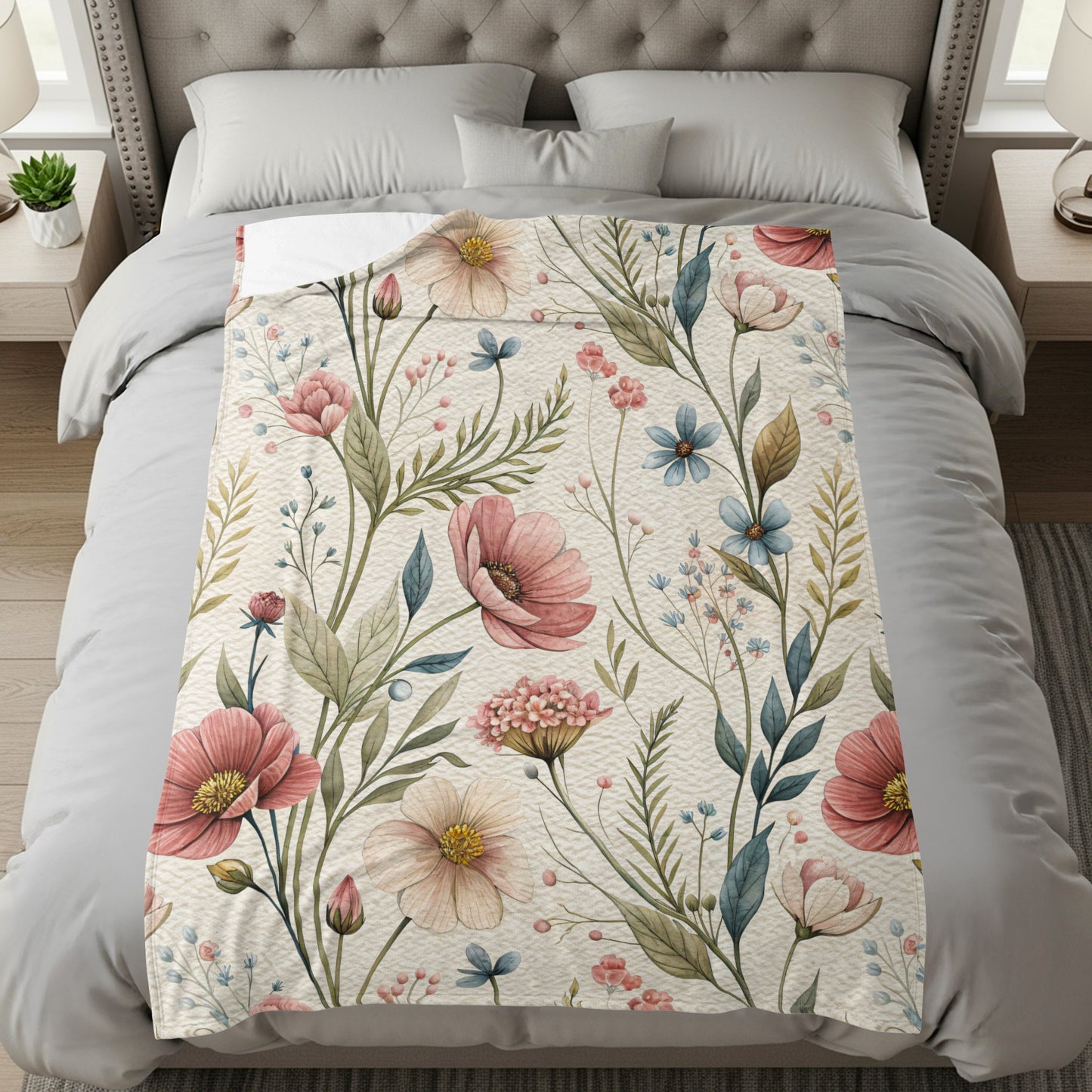 Vintage Floral Pattern Design In Delicate Hues Velveteen Plush Blankets - Walk Greener
