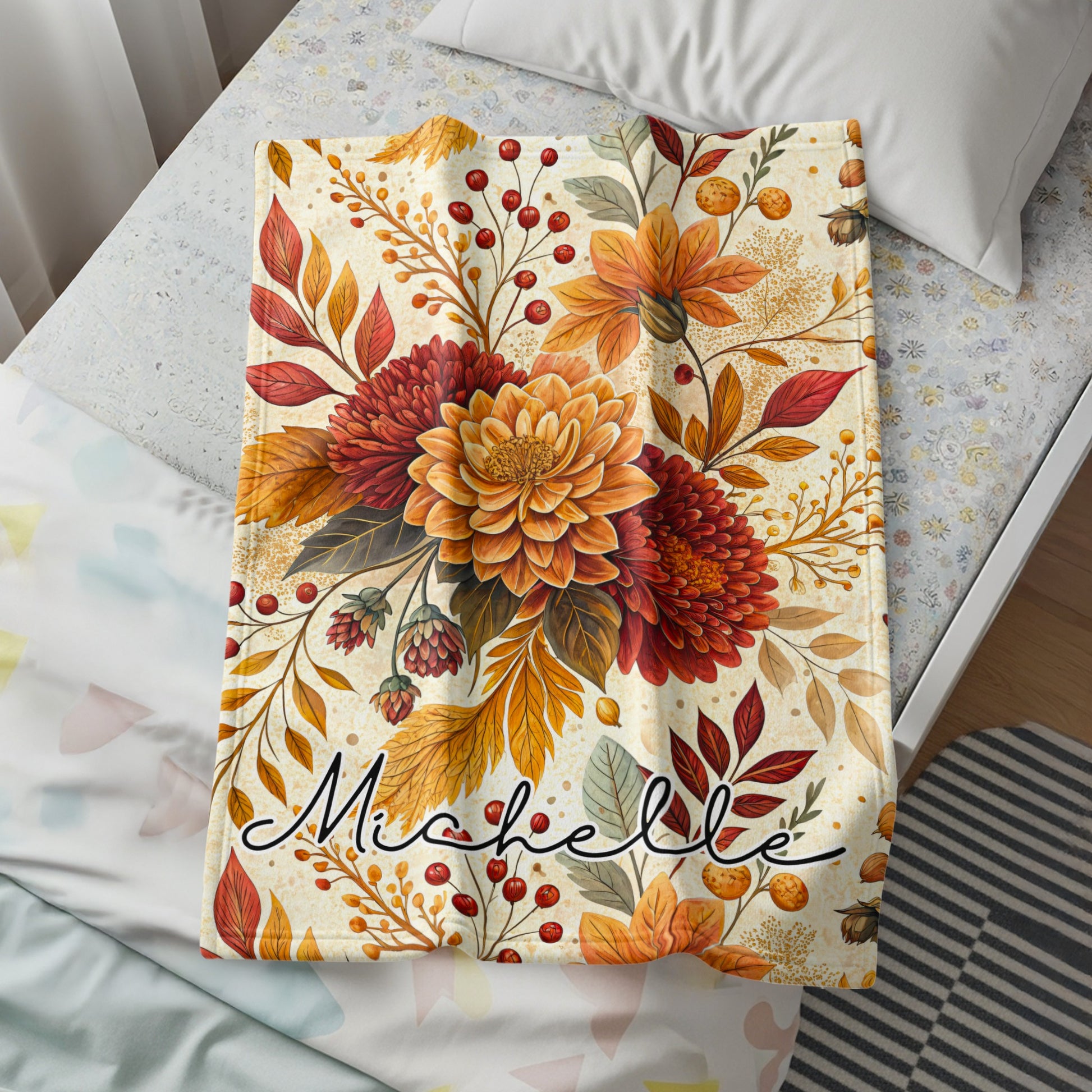 Personalized Floral Autumn Blanket with Custom Name Design