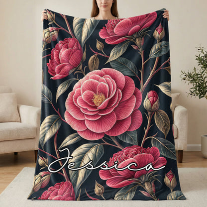 Personalized Blanket with Red Flower Design Named Jessica