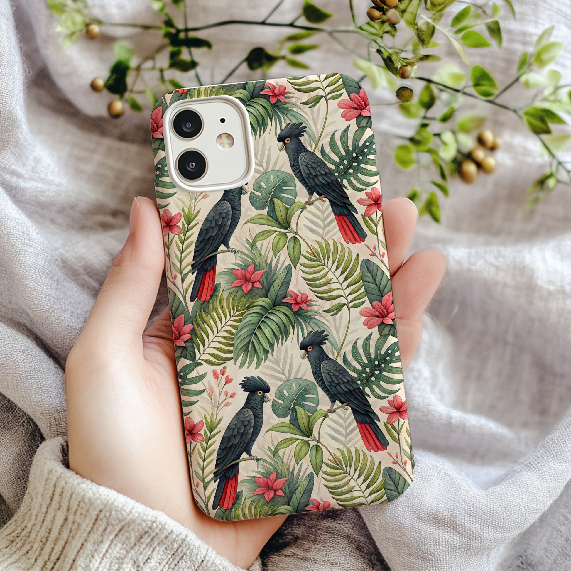 Tropical Parrot Design Phone Case with Leaf Pattern