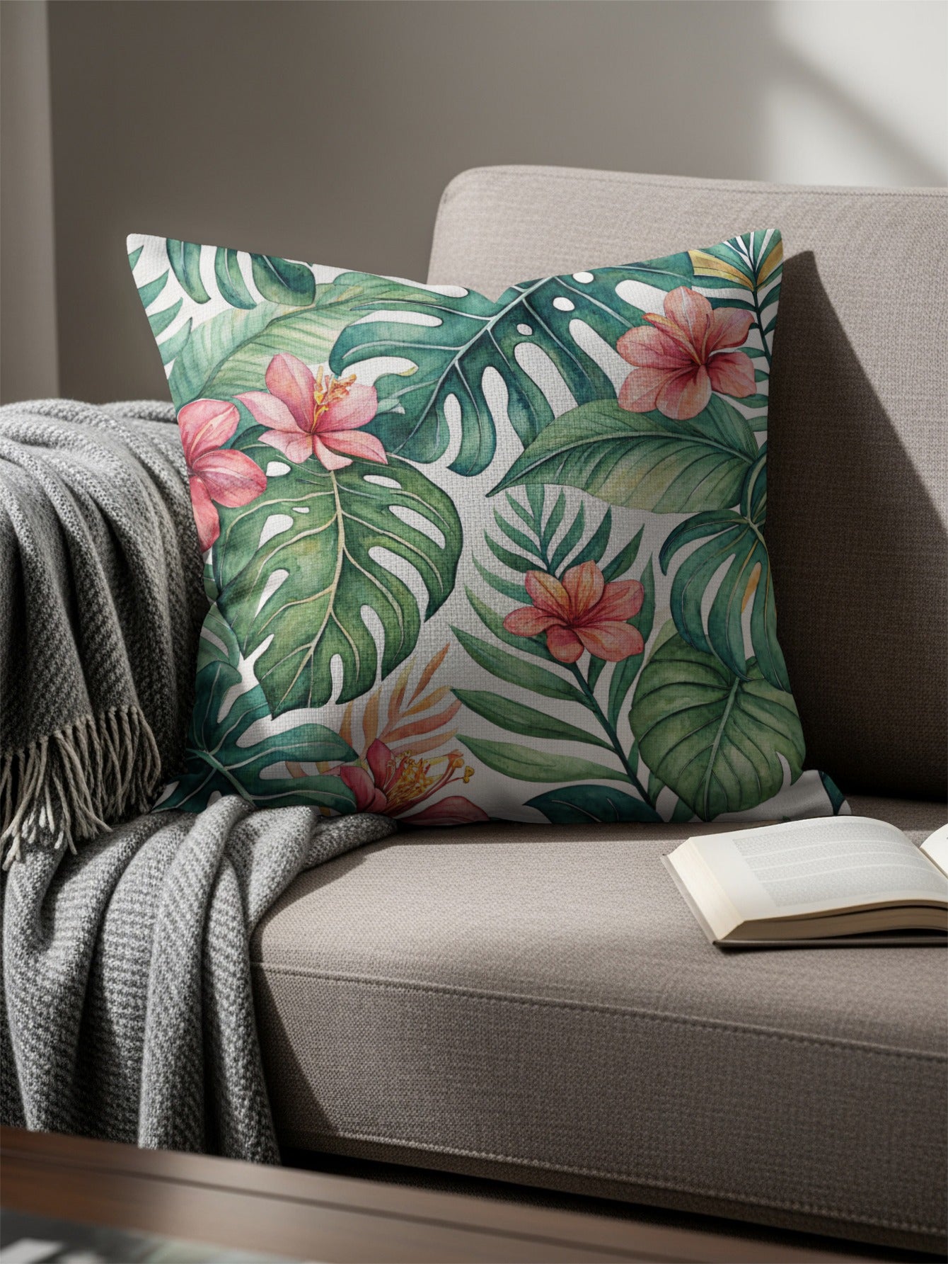 Tropical Paradise Green Leaves with Pink Flowers Pillows & Pillow Cases - Walk Greener