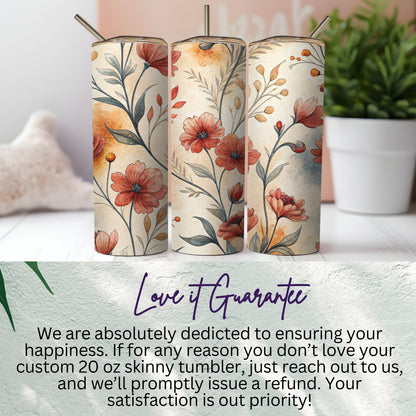 Red Floral Design on Cream 20 oz Skinny Tumbler - Walk Greener