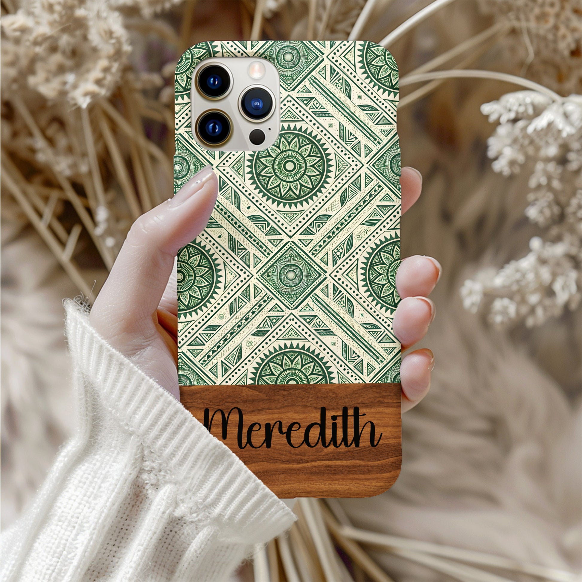 Custom Green Mandala Pattern Phone Case with Name Design